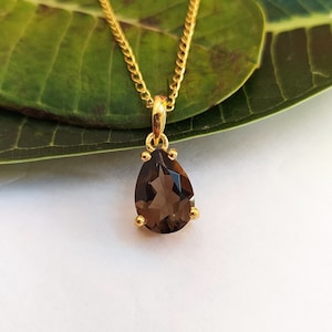 Natural Smoky Quartz Necklace-Dainty Smoky Quartz Teardrop Necklace-Solid Gold-Rose Gold-Sterling Silver-Gold Filled Chain-Beautiful Gift