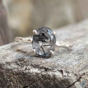 Unique Black Rutile Quartz Sterling Silver Ring - Oval Cut Vintage Style
