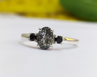 Black Rutile Quartz Three Stone Ring: Sterling Silver Oval Engagement Ring