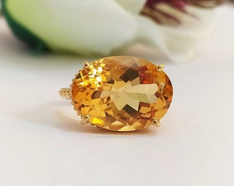 Big Citrine Stone Cocktail Ring-Huge Golden Birthstone Ring-Natural Citrine Gold Ring For Her-Golden Citrine Statement Ring Sterling Silver