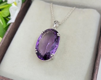 Sterling Silver Amethyst Pendant Necklace: Oval Boho Gemstone Jewelry