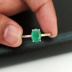 Natural Emerald Solitaire Ring-Fine Zambian Emerald Birthstone Ring-Green Emerald Stacking Ring Silver-925 Solid Sterling Silver Ring