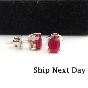 Dainty Ruby Stud Earrings: Sterling Silver Birthstone Jewelry