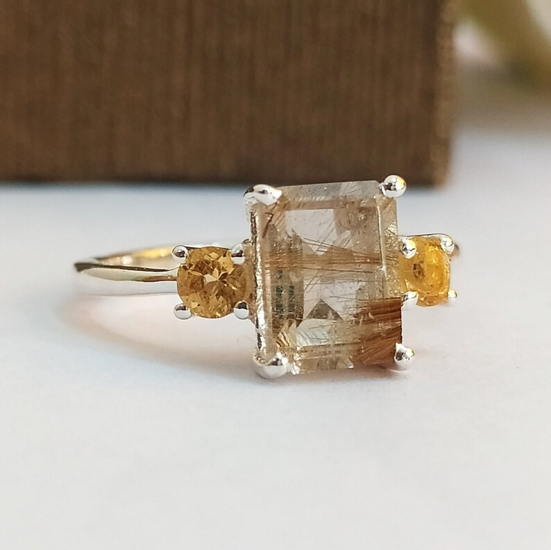 Golden Rutile Quartz Solitaire Ring, Sterling Silver Ring, Art Deco, Christmas Gift, Engagement Ring, Anniversary Gift, Women Accessories, Silver Ring, Jewelry for Women, Gift for Her, New Year Gift, Birthstone Ring, Thanksgiving Gift, Gemstone Ring