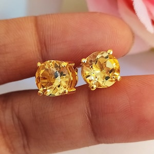 AAA Golden Citrine Stud Earrings: 925 Sterling Silver Vintage Jewelry