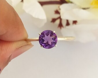 Handmade Purple Amethyst Ring: Round Cut Sterling Silver Solitaire