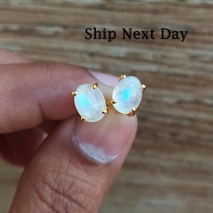 Rainbow Moonstone Stud Earrings-Blue Fire Moonstone Mood Earrings-Moonstone Studs For Her-Moonstone Solitaire Studs-925 Sterling Silver-168
