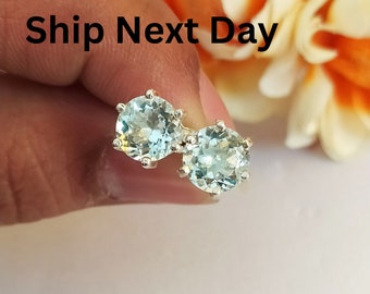 100% Natural Aquamarine Stud Earrings-Aquamarine Birthstone Studs-Aquamarine Vintage Earrings-925 Sterling Silver Stud-Stud Jewelry Handmade