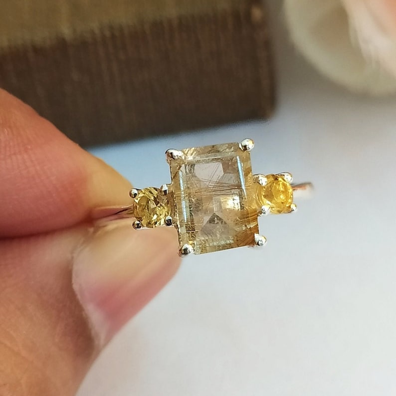 Golden Rutile Quartz Solitaire Ring, Sterling Silver Ring, Art Deco, Christmas Gift, Engagement Ring, Anniversary Gift, Women Accessories, Silver Ring, Jewelry for Women, Gift for Her, New Year Gift, Birthstone Ring, Thanksgiving Gift, Gemstone Ring