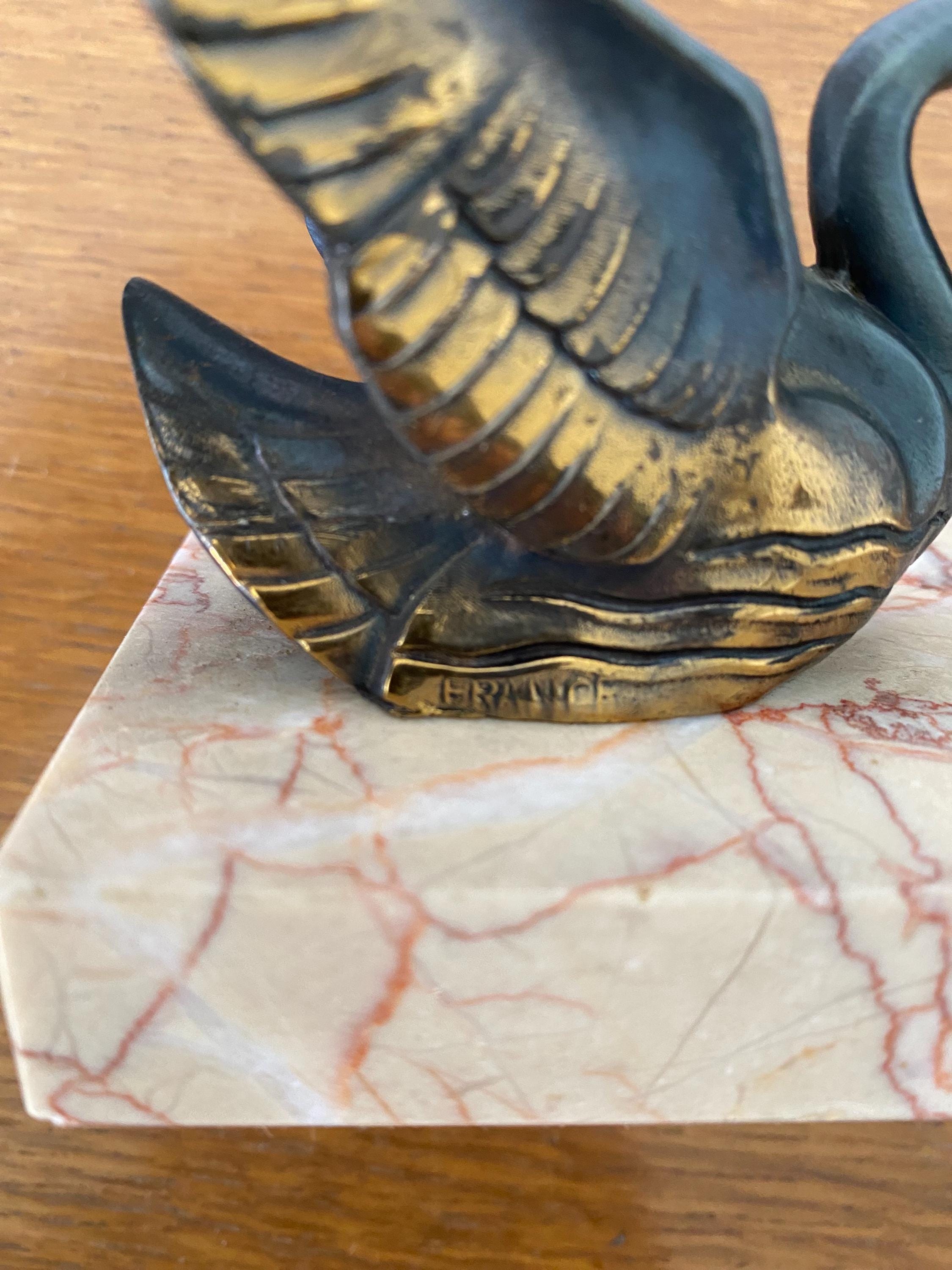 アンティーク スワン ブックエンド スペルター 大理石に金メッキ