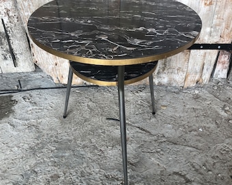Formica Imitation Marble Table with Vintage Chrome Tripod Compass Feet #A325
