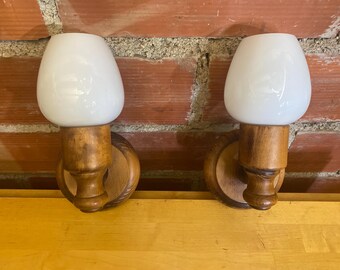 Paire Applique Ancienne Hêtre + Verre Opalin Blanc Années 70 Vintage #E009