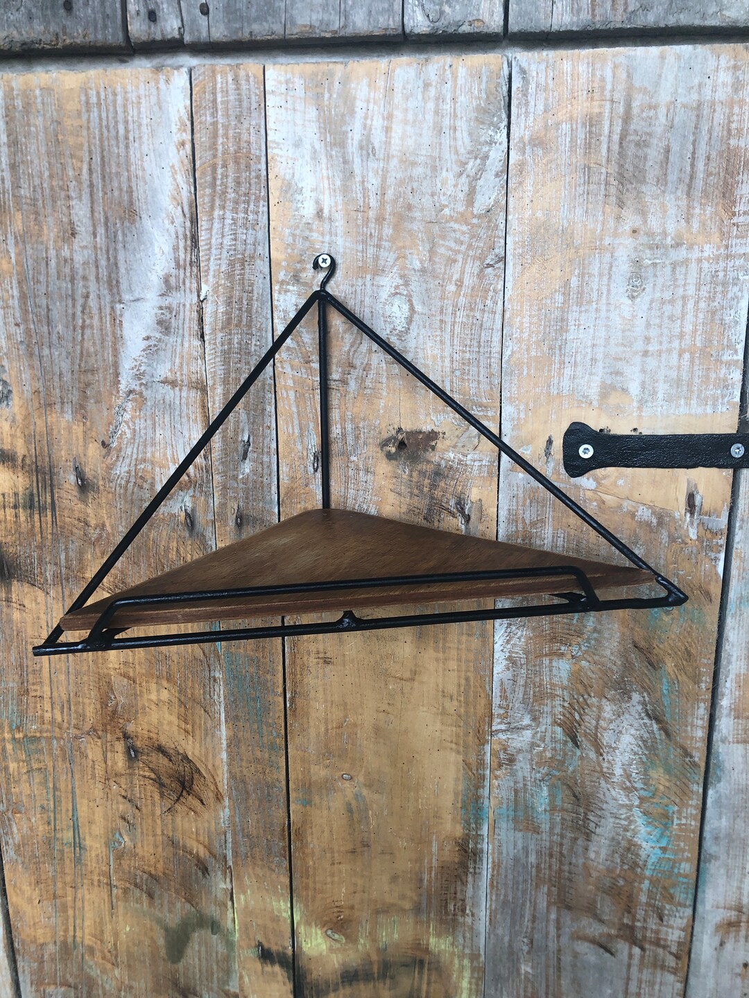 Black Wrought Iron Corner Shelf Vintage Wooden Tray A258 Etsy