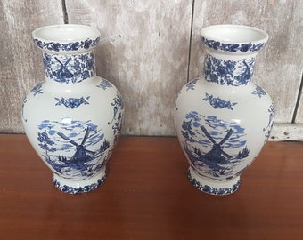 Pair MOLEN Vase White Ceramic Blue Decor Flowers & Vintage Mill #A695