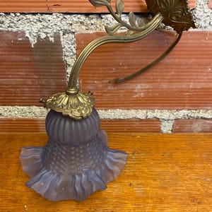Antique Art Nouveau Gilt Bronze Wall Lamp + Vintage Blue Glass Tulip #C510