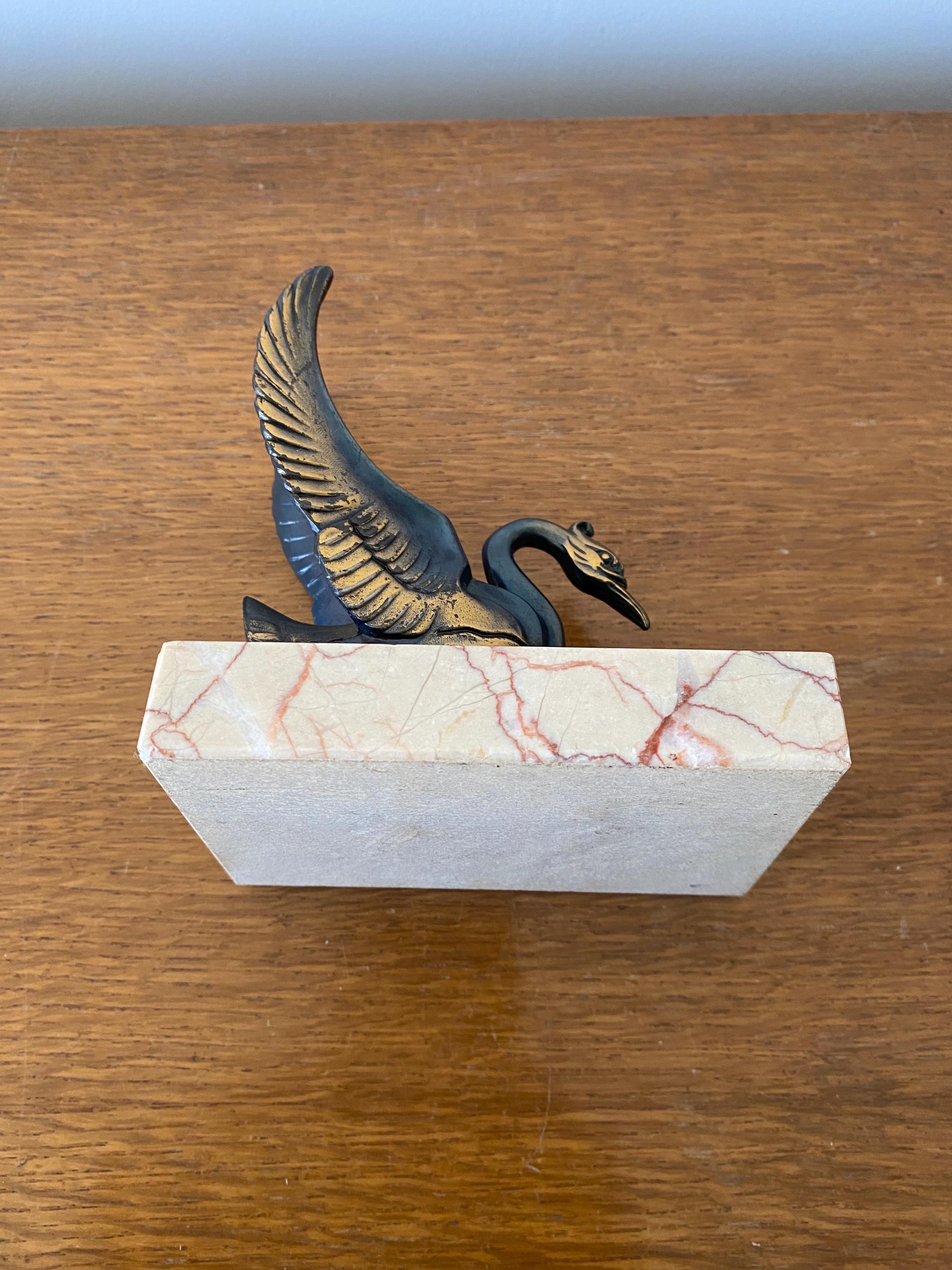 アンティーク スワン ブックエンド スペルター 大理石に金メッキ