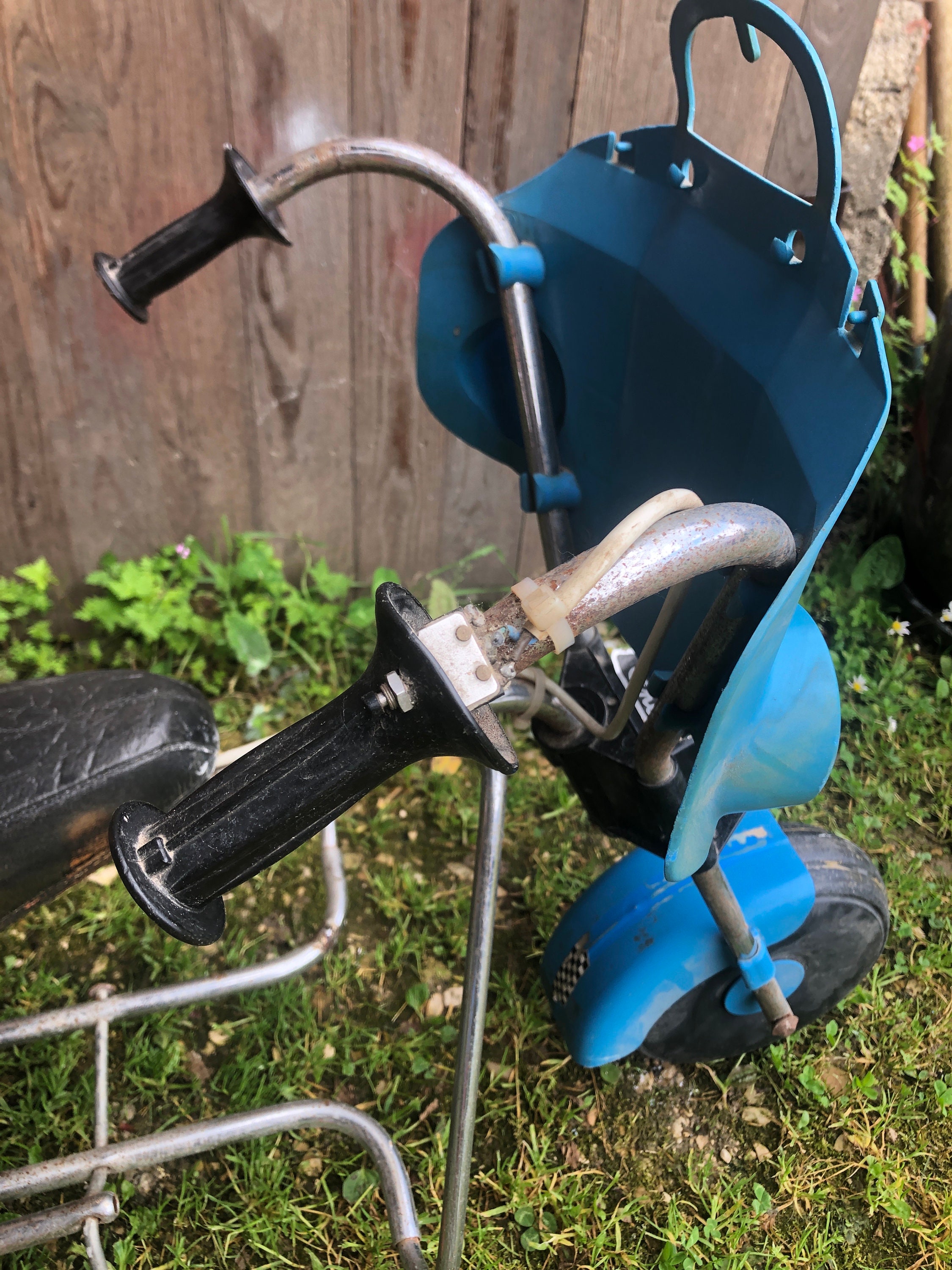Antique Tricycle Motorcycle Trike Metal Toy Blue & White 70s
