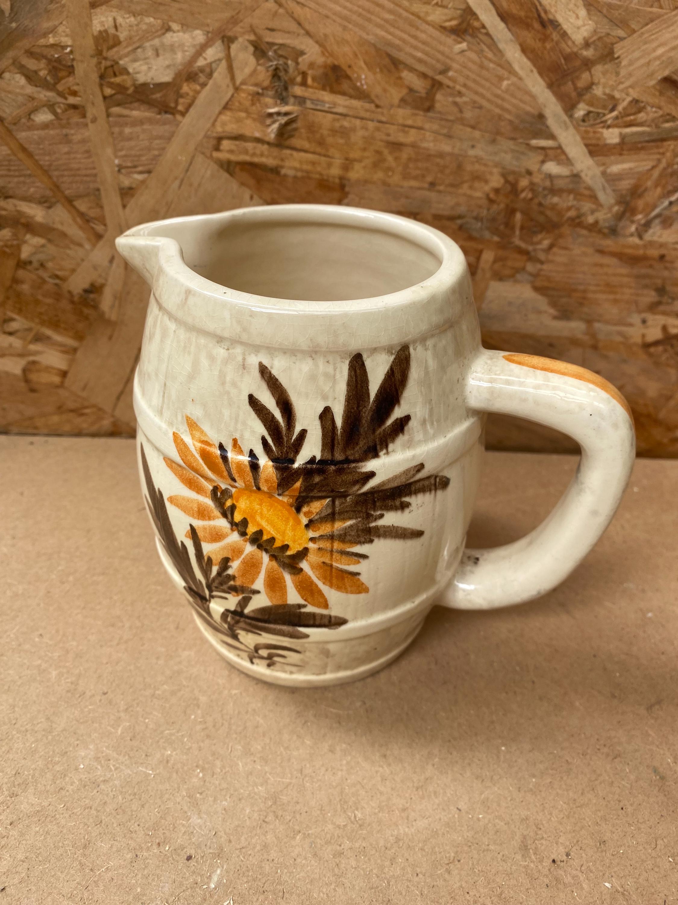 Antique Barrel Shaped Pitcher Beige Ceramic Vintage Flower Decor #B251