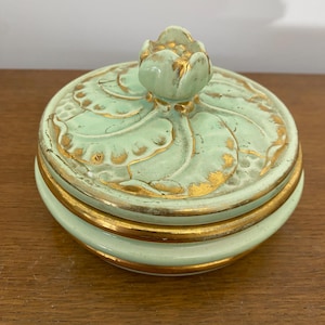 Antique Vintage Green & Gold Ceramic Candy Box Jewelry Box #C089