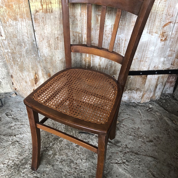 Ancienne Chaise Bistrot Style LUTERMA Bois Assise Cannée Vintage #A626