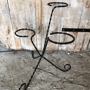 Old Plant Holder 3 Pots Wrought Iron Black Vintage #A348
