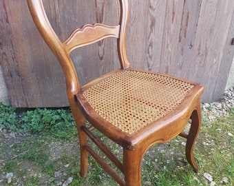 Ancienne Chaise Style LOUIS PHILIPPE Bois + Assise Cannée Vintage #A644