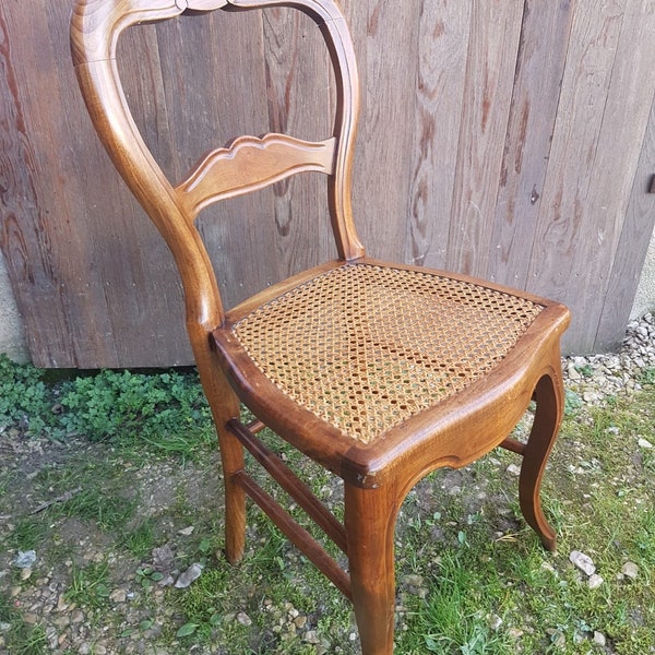 Ancienne Chaise Style LOUIS PHILIPPE Bois + Assise Cannée Vintage #A644