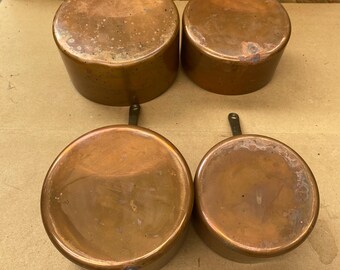Ancienne Batterie De Casseroles En Cuivre Avec Manches Métalliques Sertis - Vintage #B198