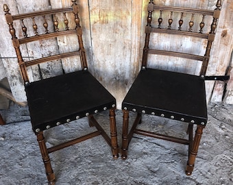 Paire de Chaises HENRI II Bois Tourné & Assise Cuir Gaufré #A304