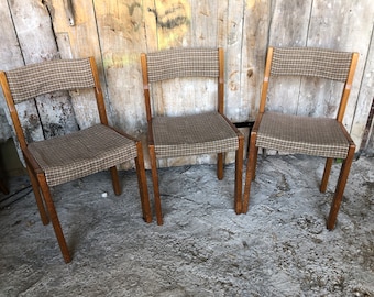 Set of 3 Vintage 60s Wood + Fabric Checked Chairs #A204