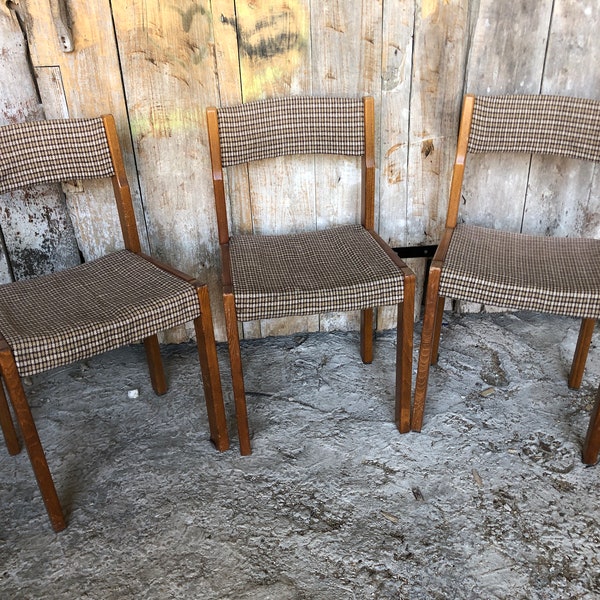 Lot de 3 Chaises Bois + Tissu Carreaux Années 60 Vintage #A204