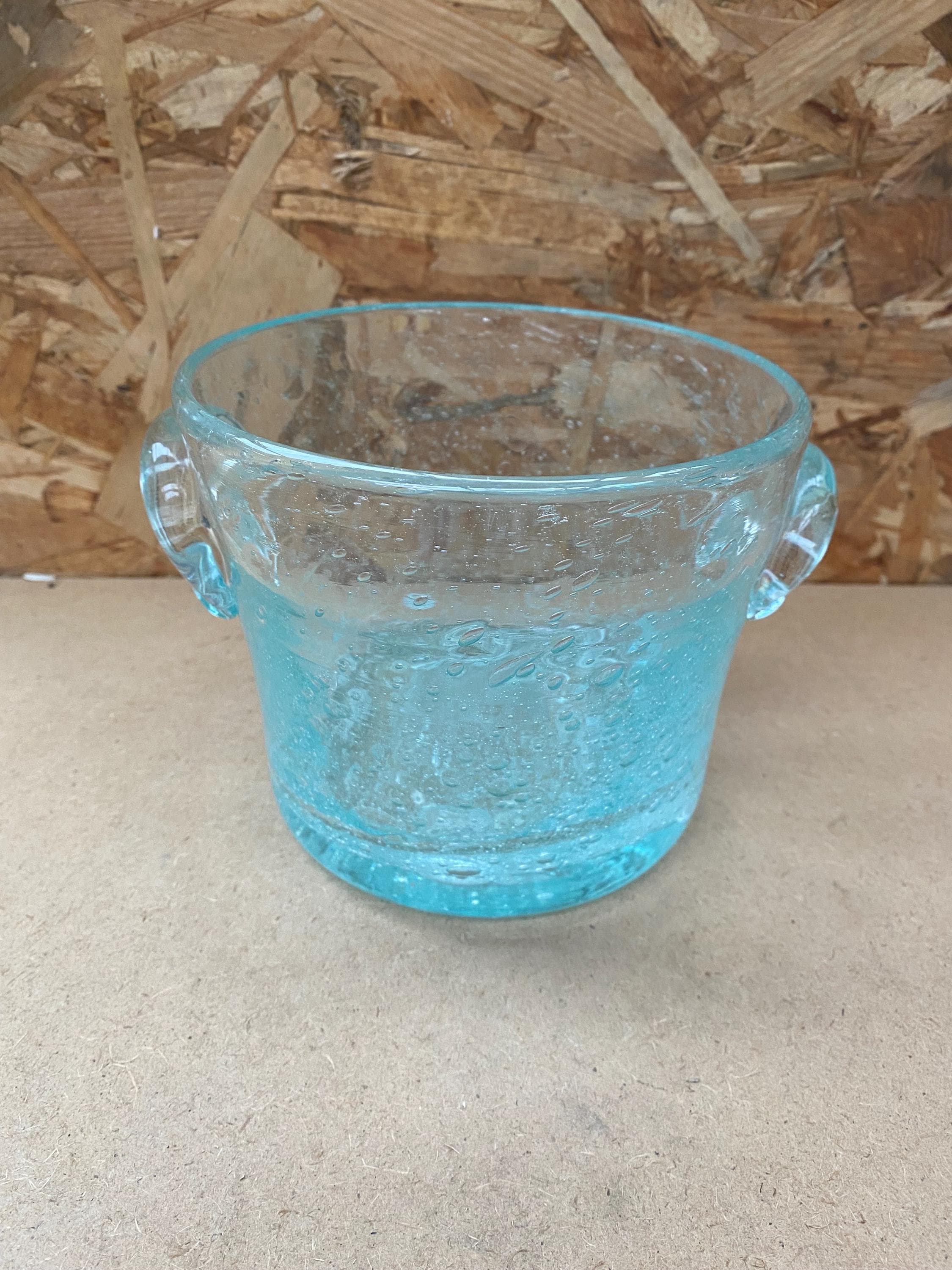 Antique BIOT Style Ice Bucket Blue Bubble Blown Glass Vintage #B620