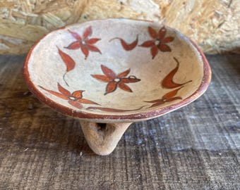 Bandeja trípode de terracota antigua para joyas con decoración floral vintage #D983