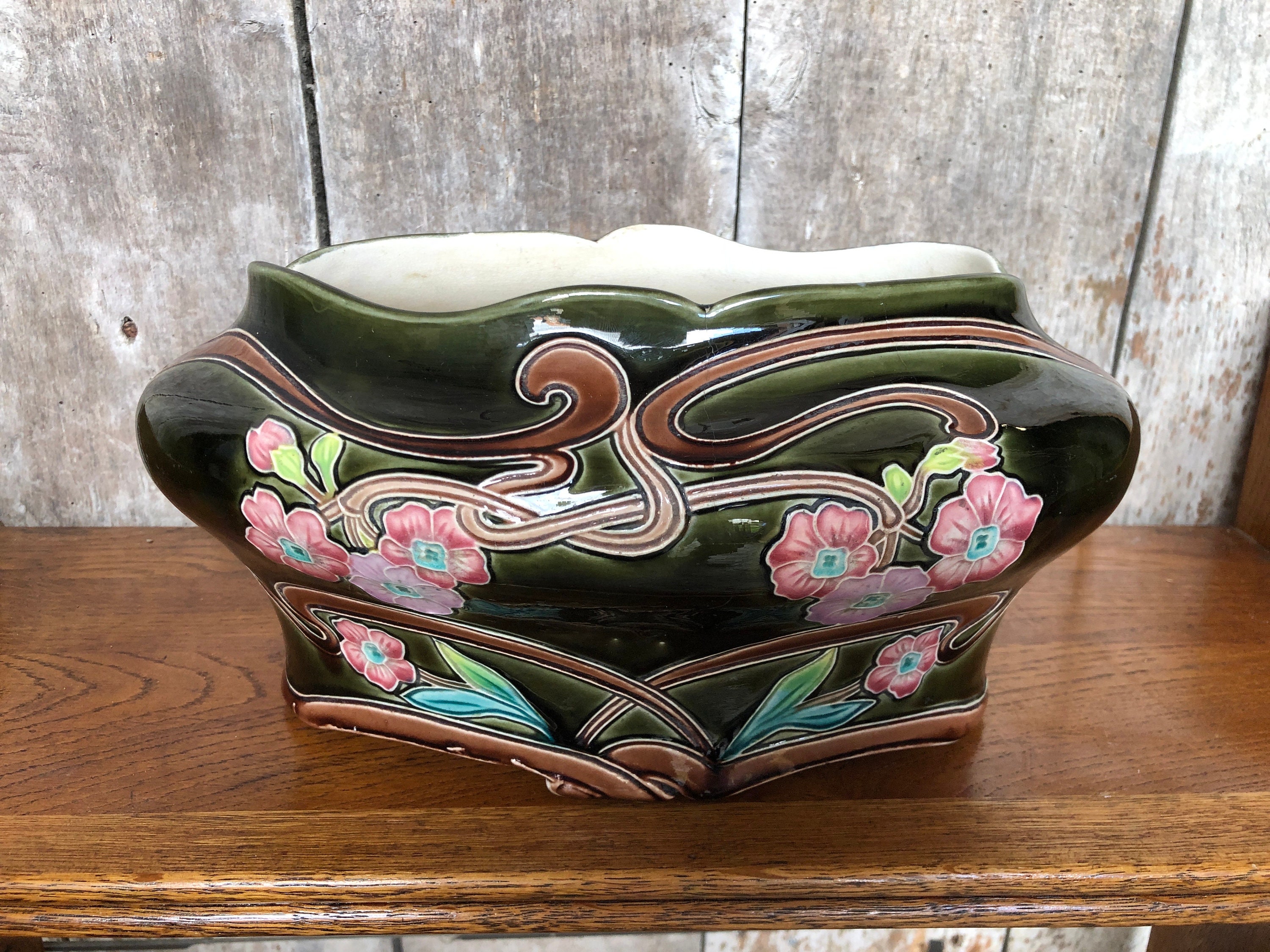 Old Art Nouveau Planter G De Bruyn Vintage Enameled Ceramic #A918