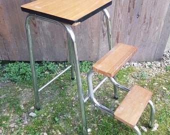 Tabouret Escabeau Formica Bois Pied Metal  Vintage #A640