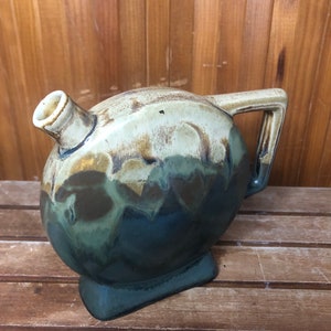 Old Beige & Green Ceramic Bottle + Vintage Handle #A441