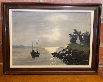 Oil Painting on Panel CHAPPÉ Seaside View + Wooden Frame #C530