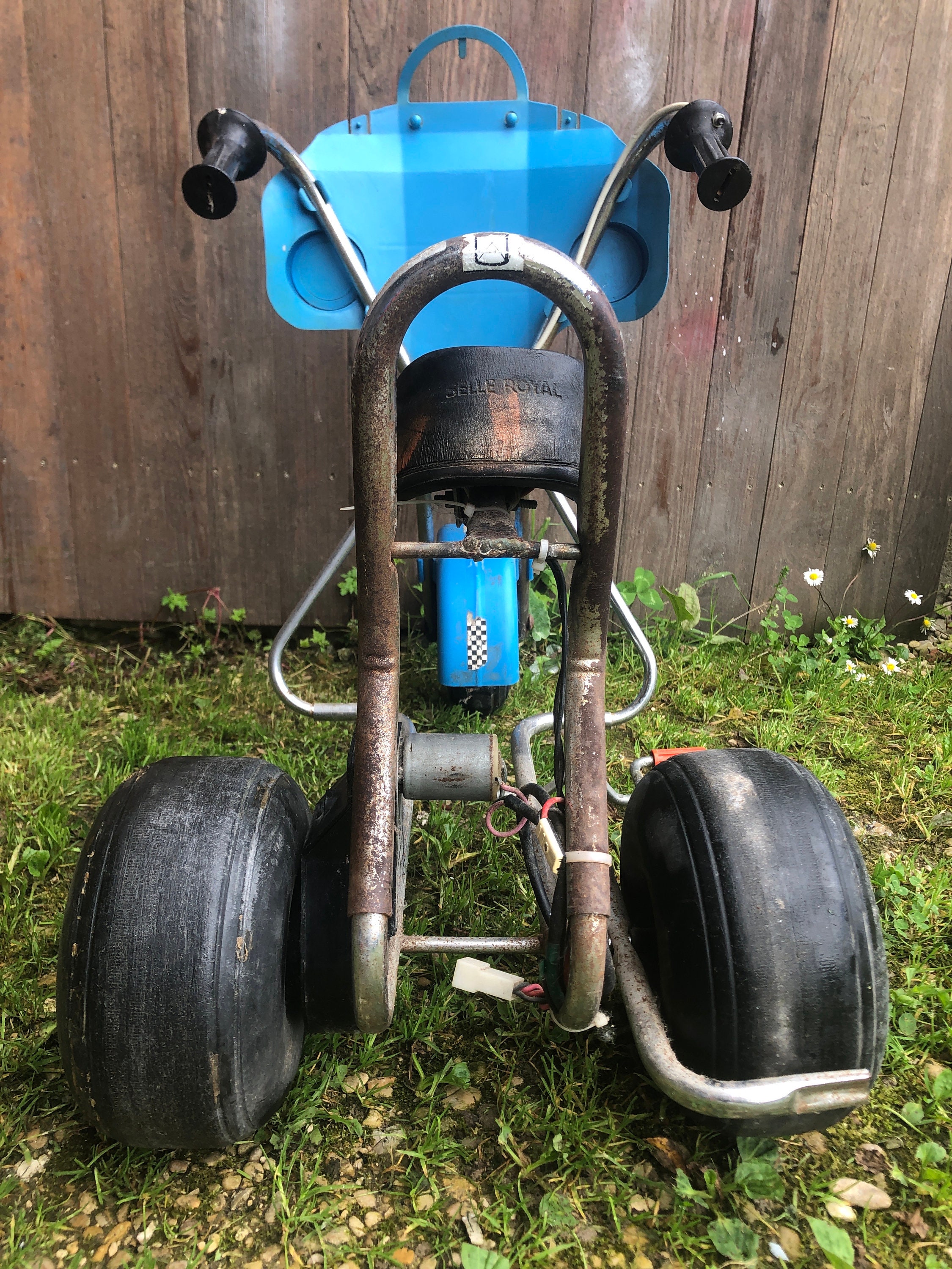 Antique Tricycle Motorcycle Trike Metal Toy Blue & White 70s