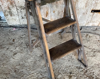 Escabeau de Peintre Bibliothèque Ancien Bois 3 Marches Vintage #D737