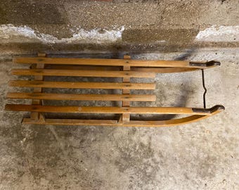 Luge en bois avec dossier & lames metal vintage