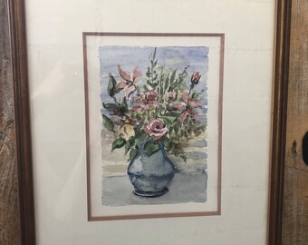 Origineel aquarel schilderij MONFRANC boeket bloemen + gouden houten lijst #A222