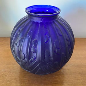 Antieke Art Deco Bol Vaas Gegoten Glas Tsjechische Blauwe Vintage Decoratie #C281