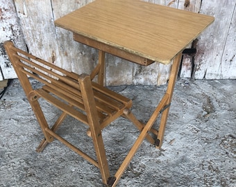 Vintage 70s Children&#39;s Folding Desk with Wooden Chair #A187