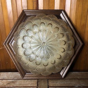 Old Golden Molded Glass Ceiling Light + Vintage Wood Contour #A539