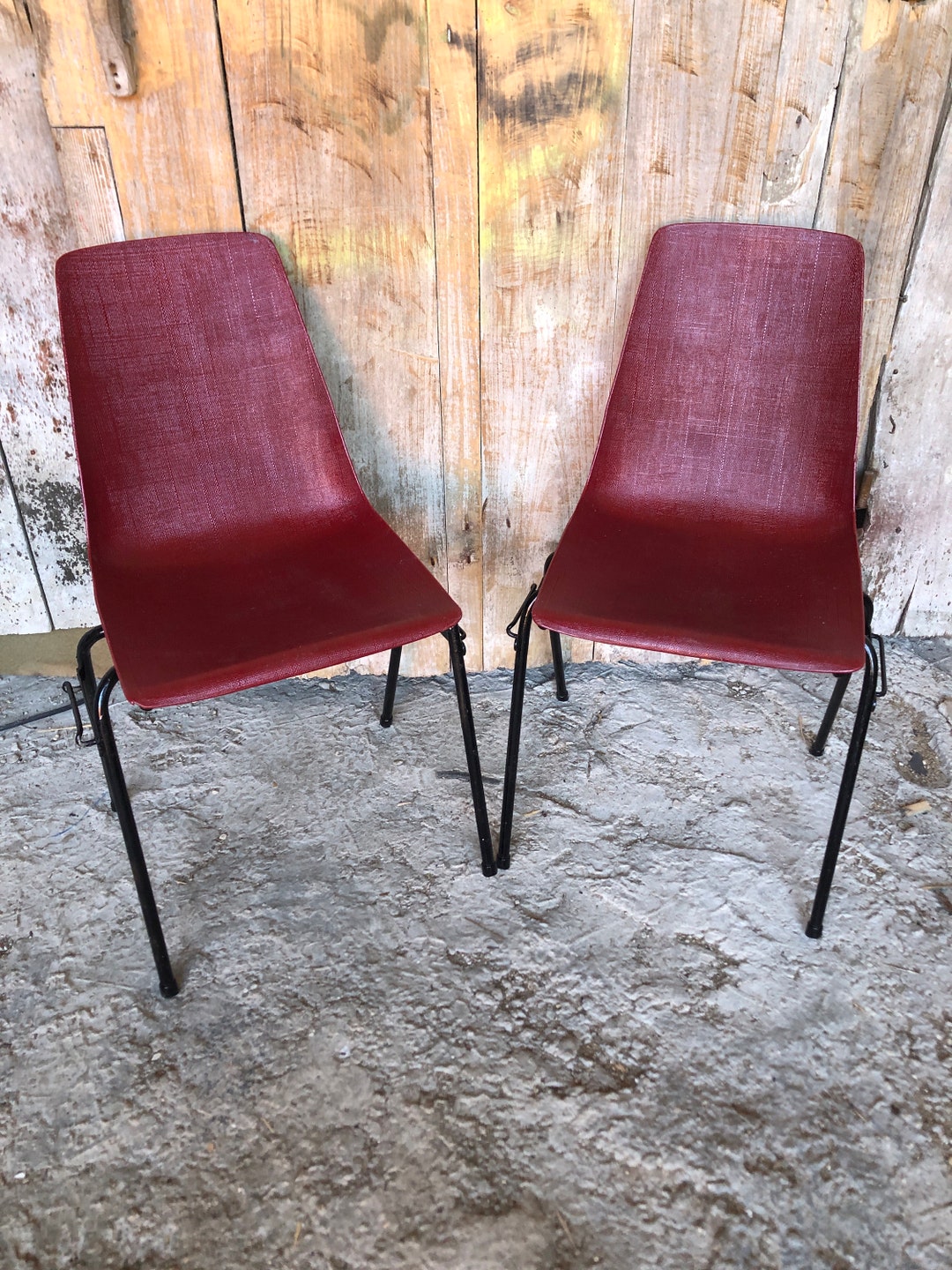 Pair of GROSFILLEX Chair Ref 2005 Black Metal Vintage Burgundy Shell