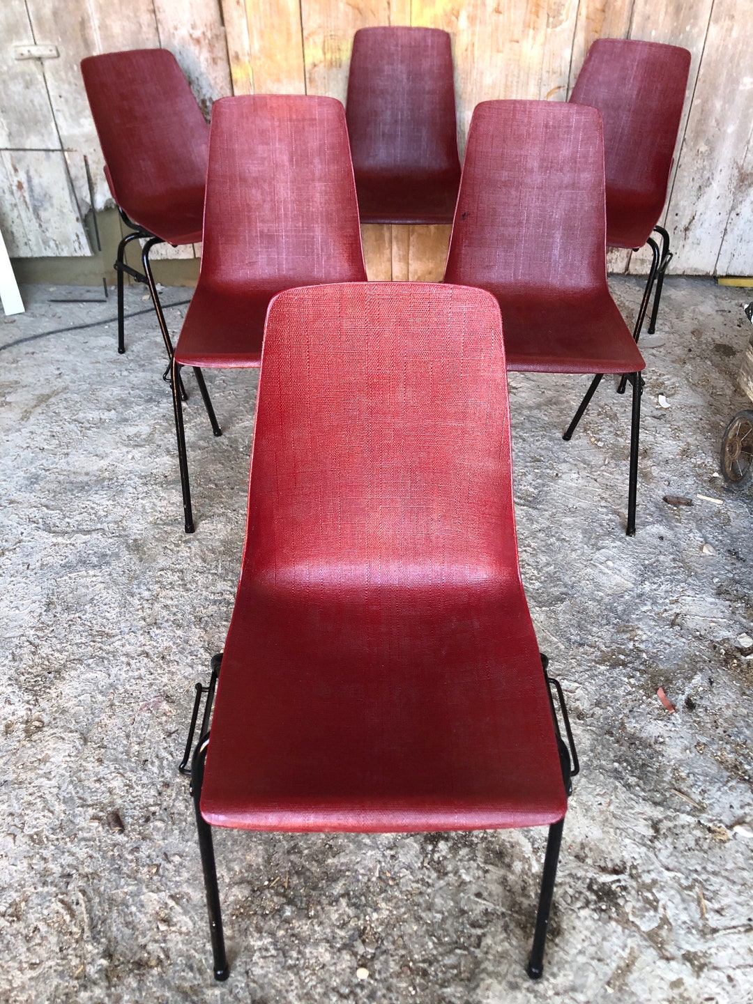Series of 6 GROSFILLEX Chairs Ref 2005 Black Metal Vintage Bordeaux