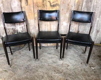 Set of 3 Scandinavian Wooden Chairs with Compass Feet & Vintage Black Skai #A033