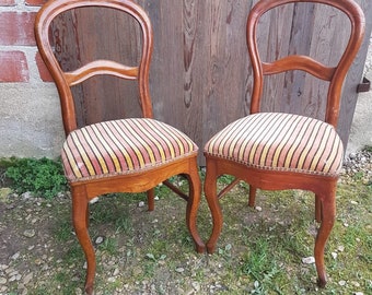 Ancienne Paire de Chaises LOUIS PHILIPPE Bois + Assise Tissu Rayé Vintage #A661