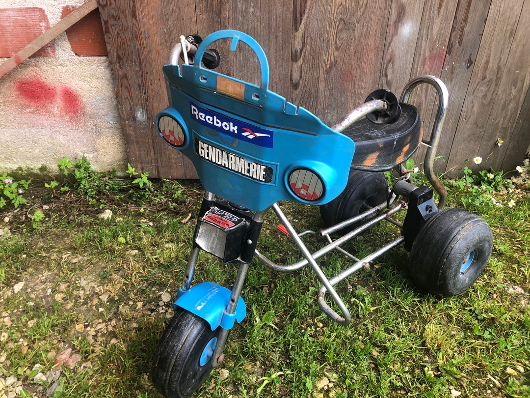 Antique Tricycle Motorcycle Trike Metal Toy Blue & White 70s