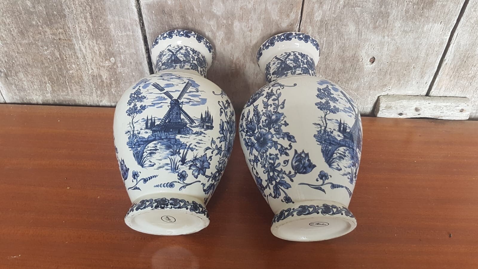 Ancien Vase Molen Blanc Décor Bleu Moulin à Vent Paysage Fleurs - Occasion